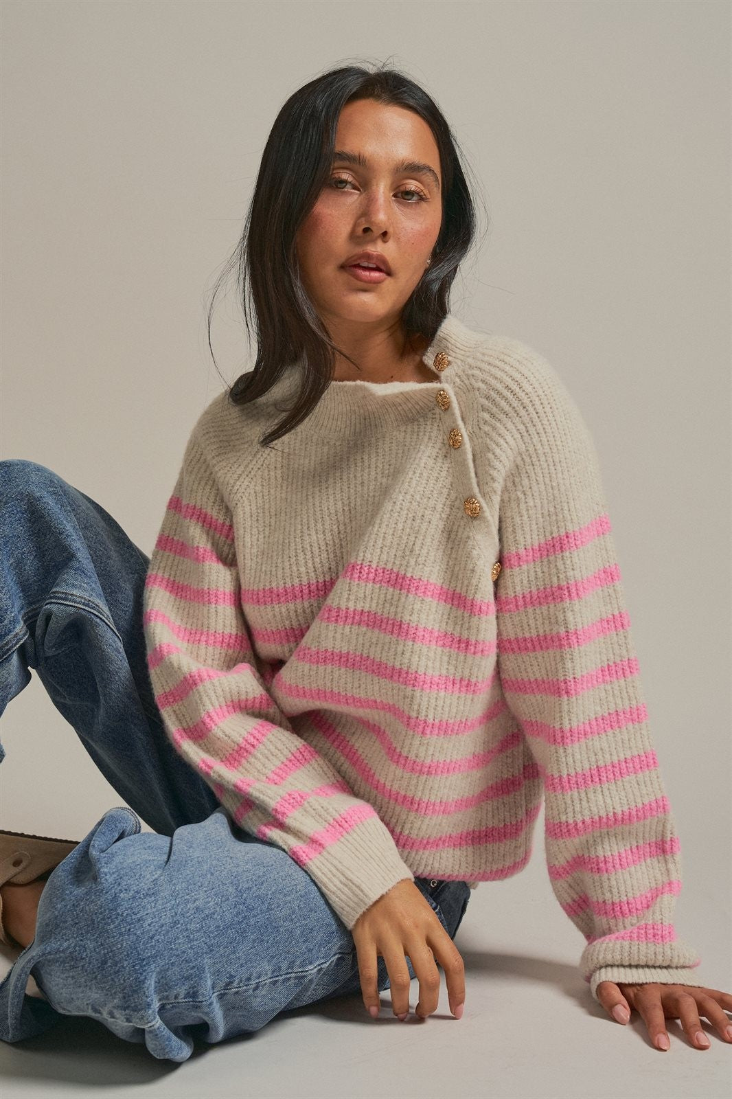 Striped Mock Neck Sweater with Gold Buttons in Pink Beige - Women's Sweaters | Urban Daizy