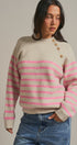 Striped Mock Neck Sweater with Gold Buttons in Pink Beige - Women's Sweaters | Urban Daizy