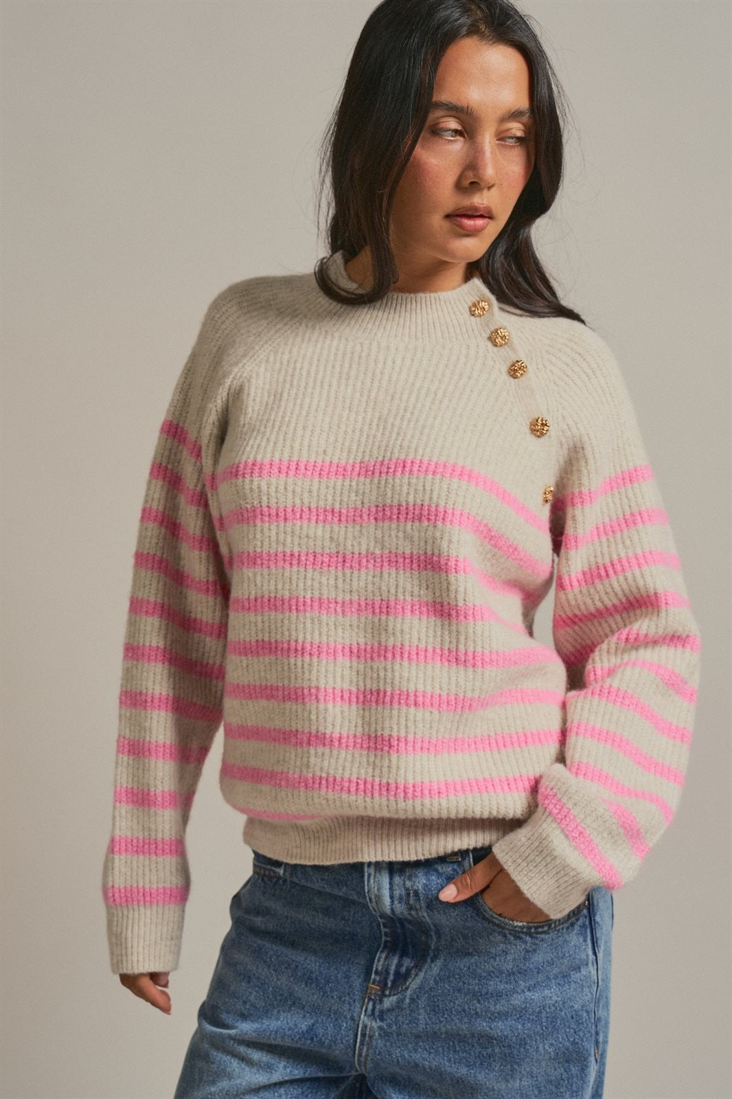 Striped Mock Neck Sweater with Gold Buttons in Pink Beige - Women's Sweaters | Urban Daizy