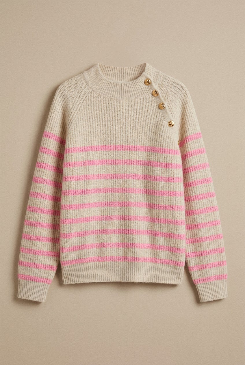 Striped Mock Neck Sweater with Gold Buttons in Pink Beige - Women's Sweaters | Urban Daizy