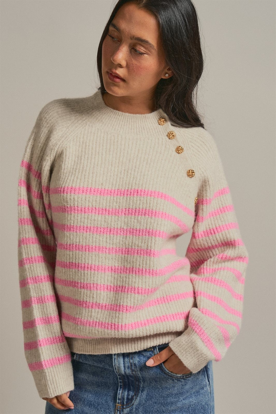 Striped Mock Neck Sweater with Gold Buttons in Pink Beige - Women's Sweaters | Urban Daizy