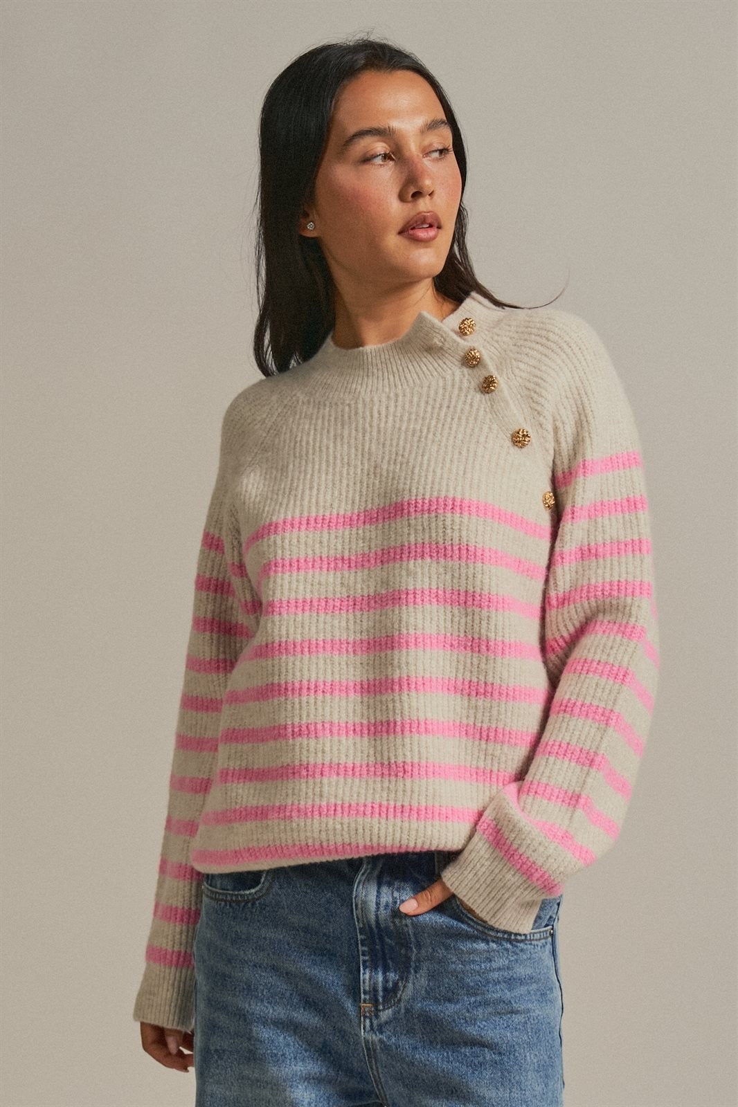 Striped Mock Neck Sweater with Gold Buttons in Pink Beige - Women's Sweaters | Urban Daizy