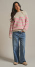 Striped Mock Neck Sweater with Gold Buttons in Pink Beige - Women's Sweaters | Urban Daizy