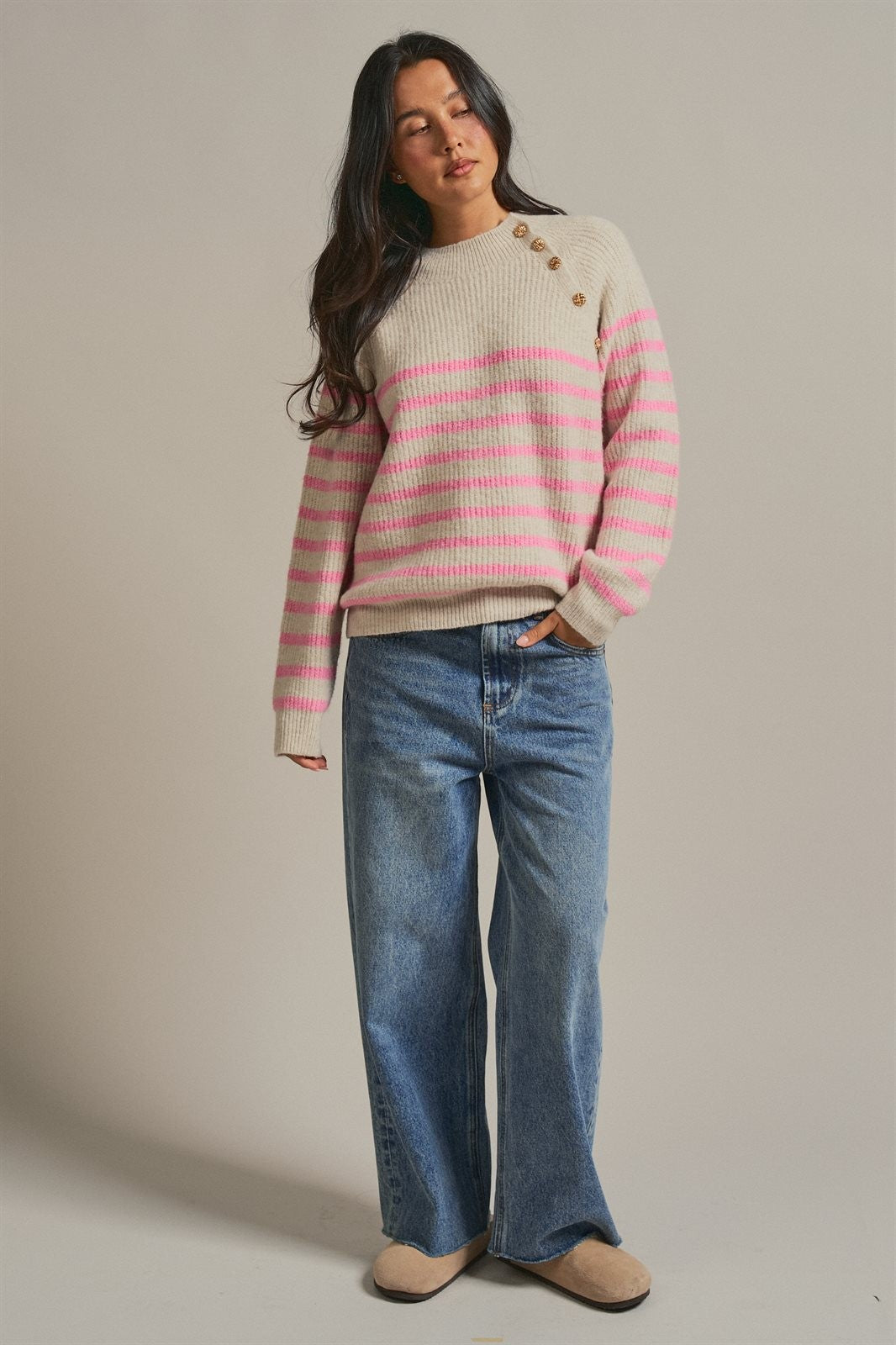 Striped Mock Neck Sweater with Gold Buttons in Pink Beige - Women's Sweaters | Urban Daizy