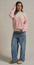 Striped Mock Neck Sweater with Gold Buttons in Pink Beige - Women's Sweaters | Urban Daizy