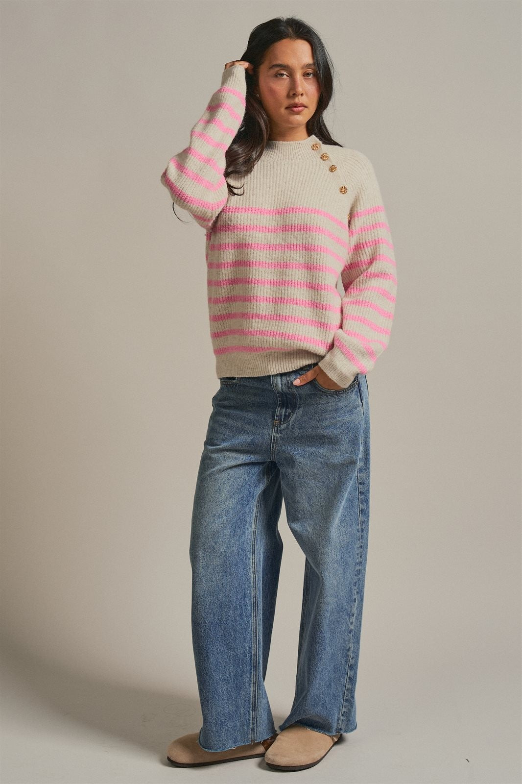 Striped Mock Neck Sweater with Gold Buttons in Pink Beige - Women's Sweaters | Urban Daizy