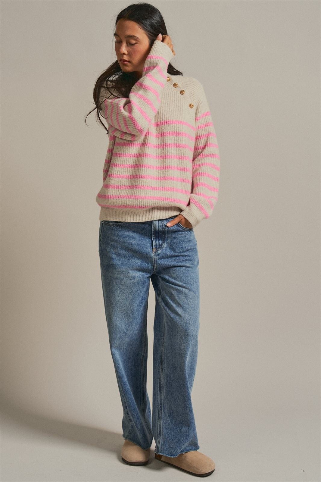 Striped Mock Neck Sweater with Gold Buttons in Pink Beige - Women's Sweaters | Urban Daizy