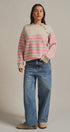 Striped Mock Neck Sweater with Gold Buttons in Pink Beige - Women's Sweaters | Urban Daizy
