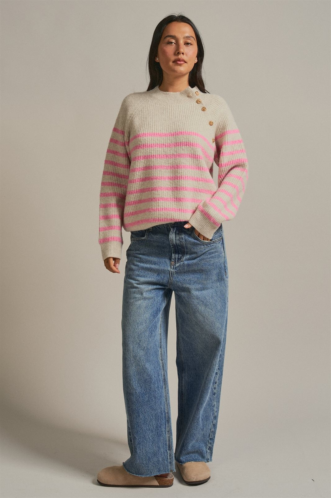 Striped Mock Neck Sweater with Gold Buttons in Pink Beige - Women's Sweaters | Urban Daizy