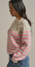 Striped Mock Neck Sweater with Gold Buttons in Pink Beige - Women's Sweaters | Urban Daizy