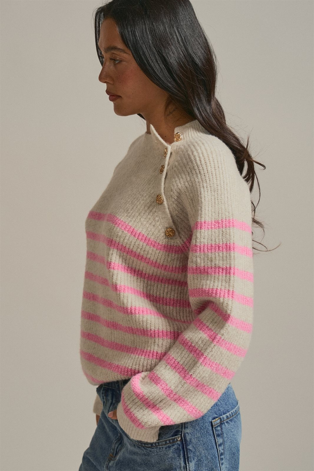 Striped Mock Neck Sweater with Gold Buttons in Pink Beige - Women's Sweaters | Urban Daizy