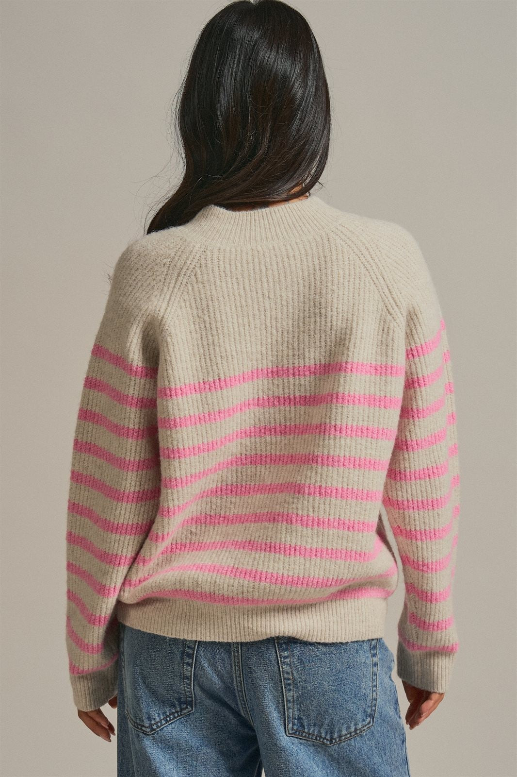 Striped Mock Neck Sweater with Gold Buttons in Pink Beige - Women's Sweaters | Urban Daizy