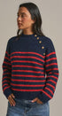 Striped Mock Neck Sweater with Gold Buttons in Red/navy - Women's Sweaters | Urban Daizy
