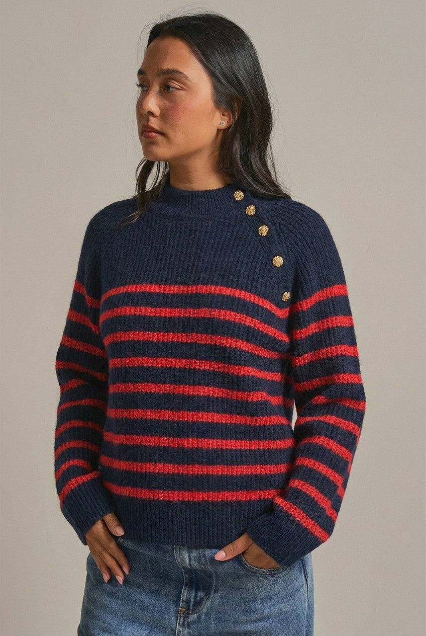 Striped Mock Neck Sweater with Gold Buttons in Red/navy - Women's Sweaters | Urban Daizy