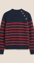 Striped Mock Neck Sweater with Gold Buttons in Red/navy - Women's Sweaters | Urban Daizy