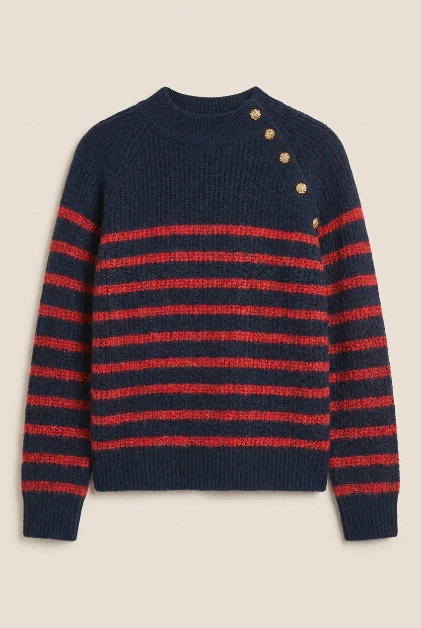 Striped Mock Neck Sweater with Gold Buttons in Red/navy - Women's Sweaters | Urban Daizy