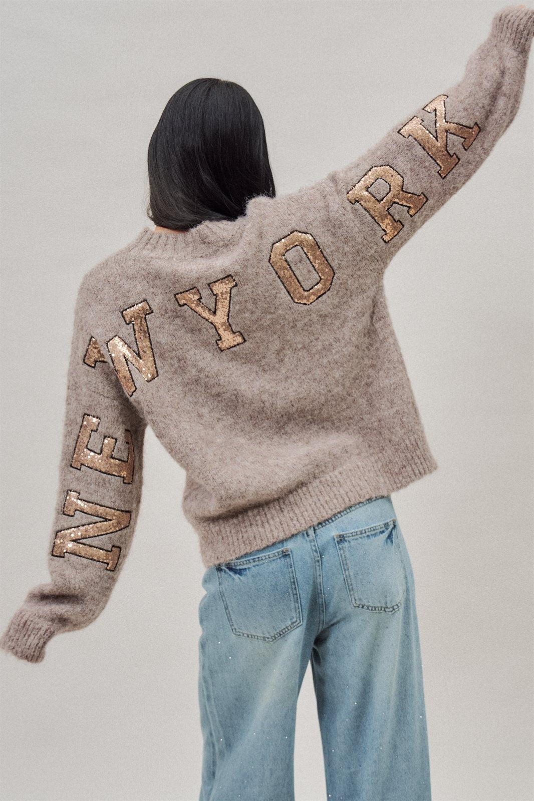 New York Sequin Letter Fuzzy Knit Sweater in Mocha - Women's Sweaters | Urban Daizy