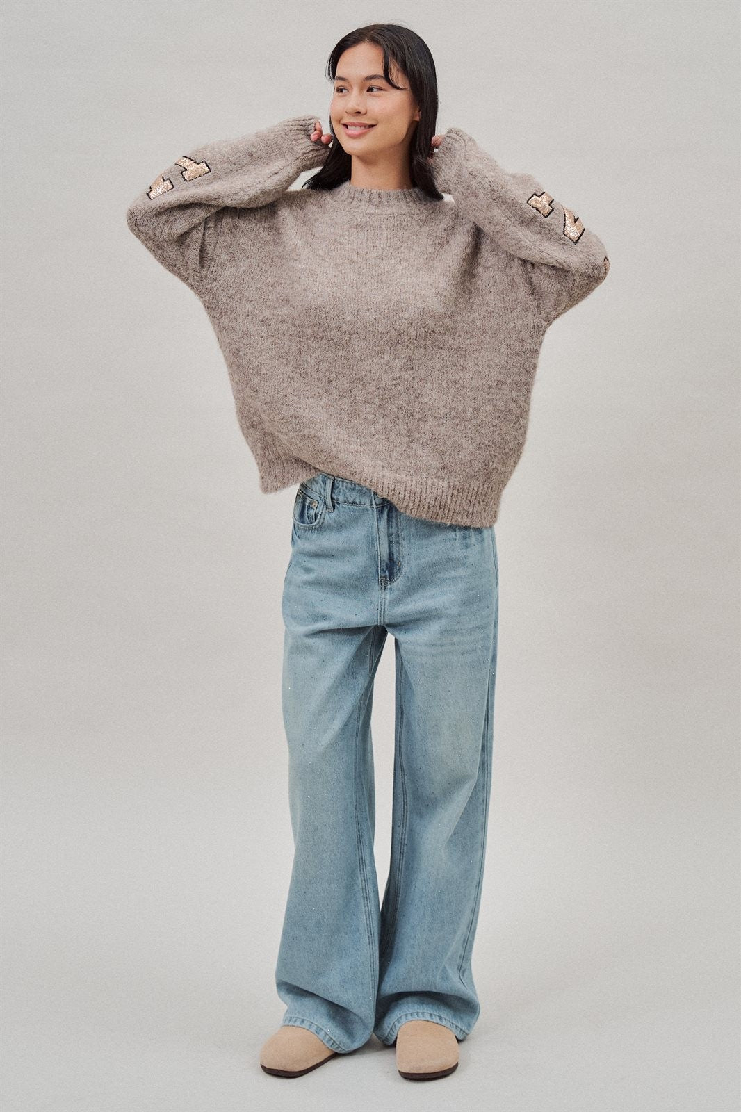 New York Sequin Letter Fuzzy Knit Sweater in Mocha - Women's Sweaters | Urban Daizy