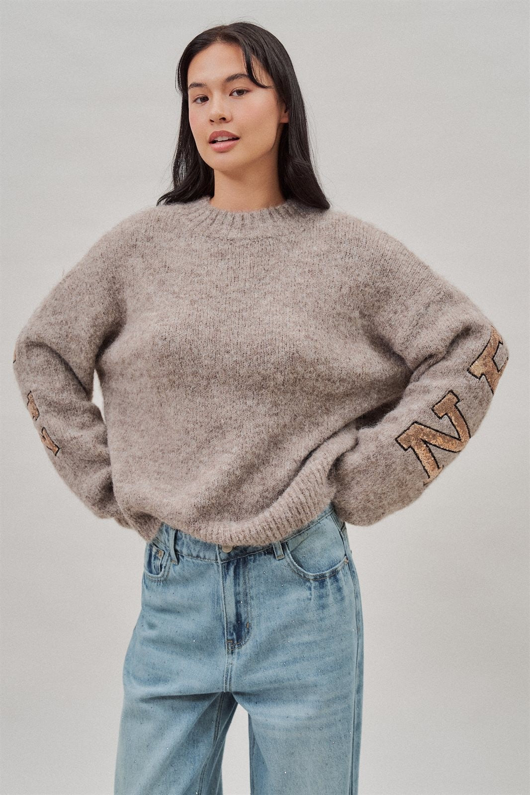 New York Sequin Letter Fuzzy Knit Sweater in Mocha - Women's Sweaters | Urban Daizy