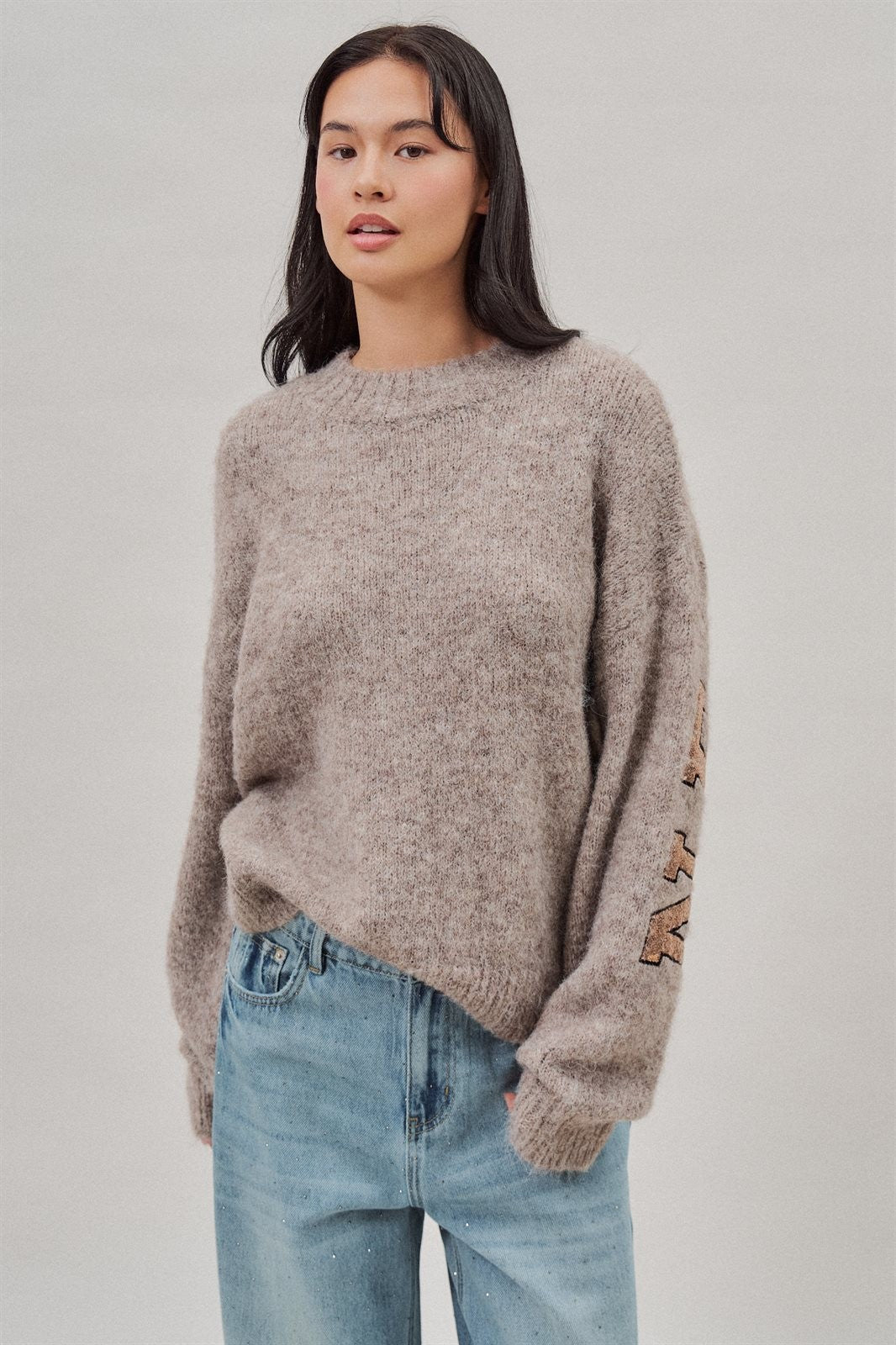 New York Sequin Letter Fuzzy Knit Sweater in Mocha - Women's Sweaters | Urban Daizy