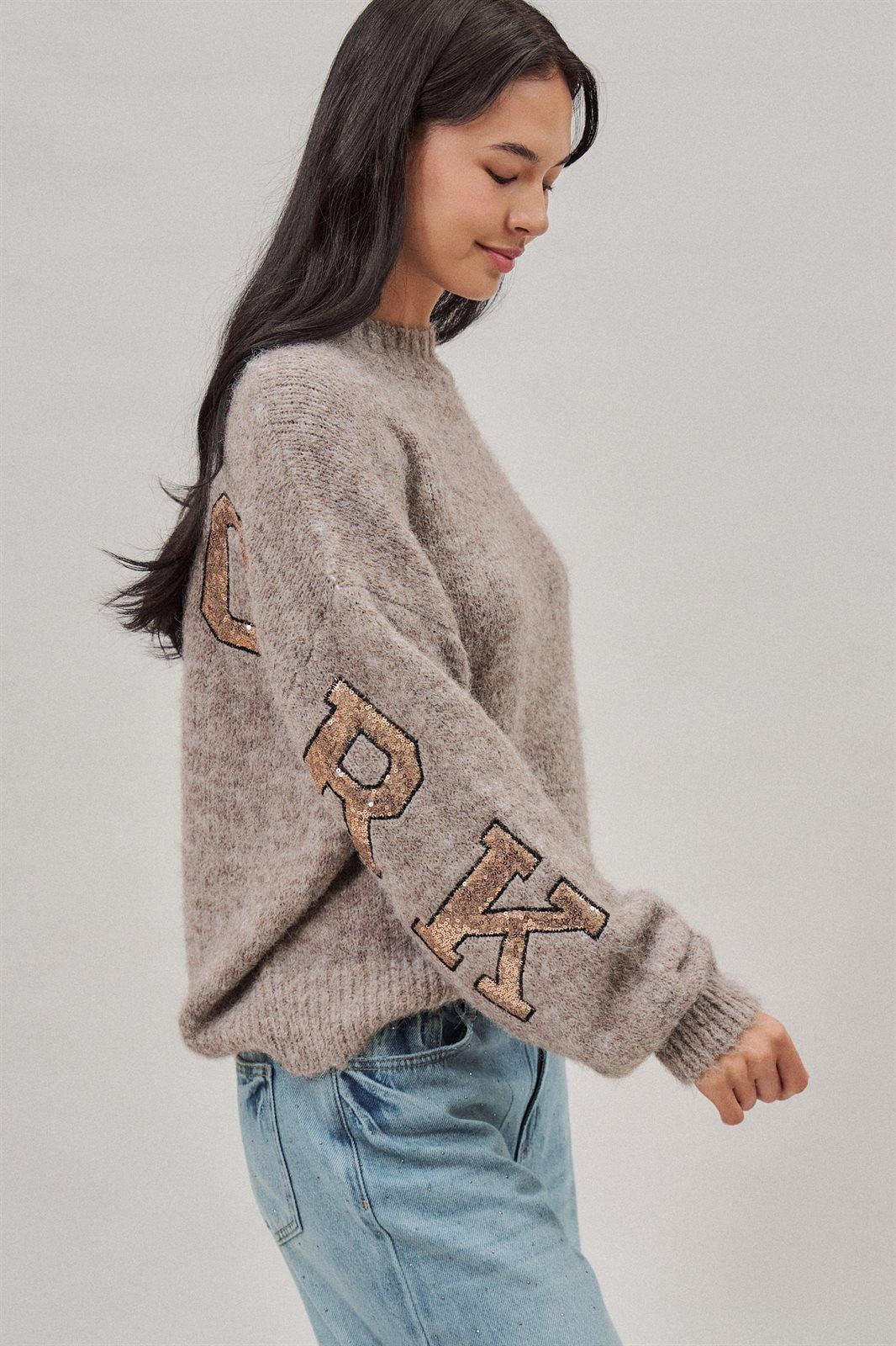 New York Sequin Letter Fuzzy Knit Sweater in Mocha - Women's Sweaters | Urban Daizy