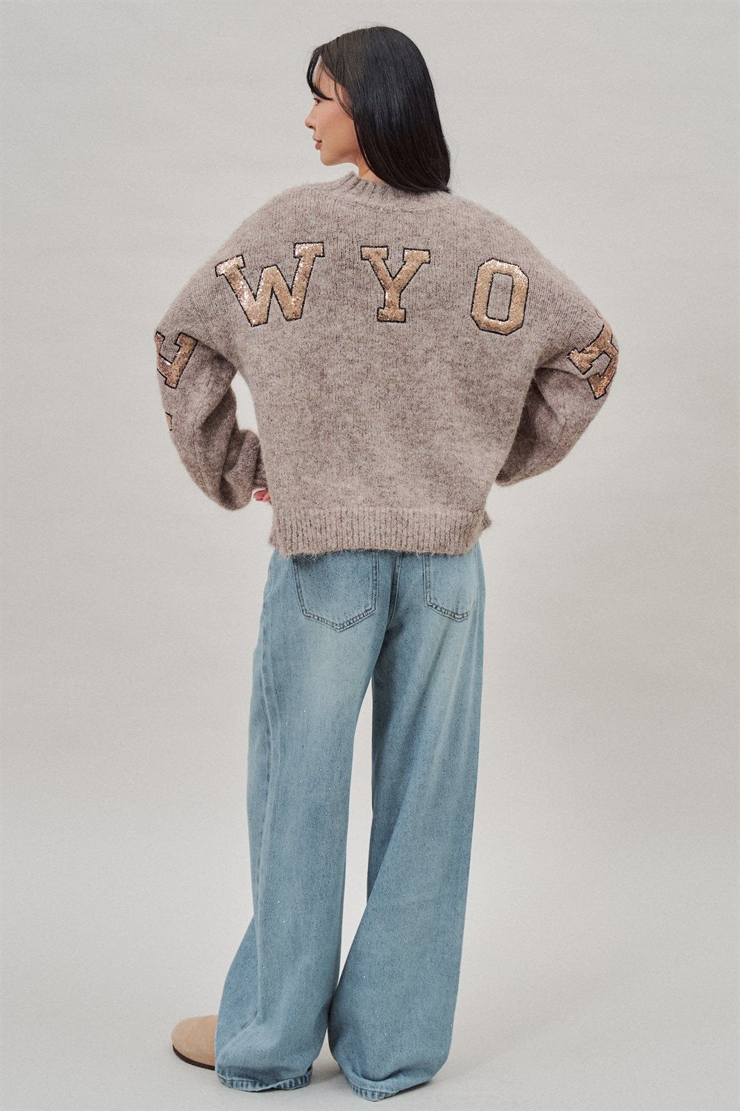 New York Sequin Letter Fuzzy Knit Sweater in Mocha - Women's Sweaters | Urban Daizy