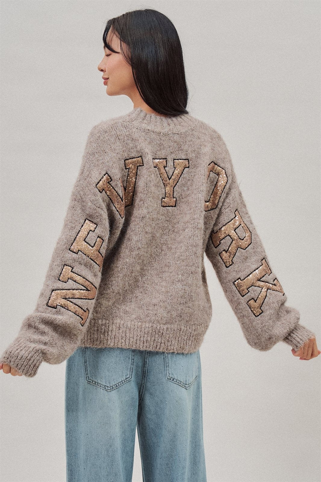 New York Sequin Letter Fuzzy Knit Sweater in Mocha - Women's Sweaters | Urban Daizy