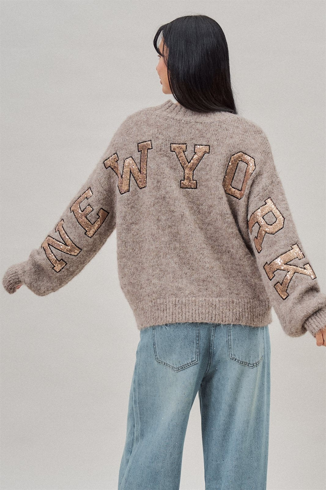 New York Sequin Letter Fuzzy Knit Sweater in Mocha - Women's Sweaters | Urban Daizy