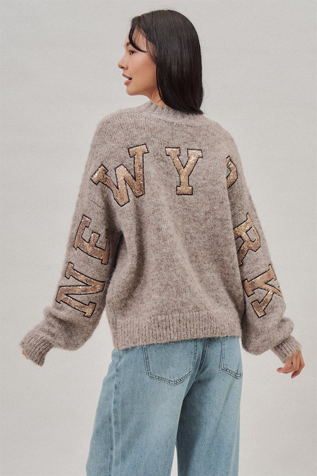 New York Sequin Letter Fuzzy Knit Sweater in Mocha - Women's Sweaters | Urban Daizy