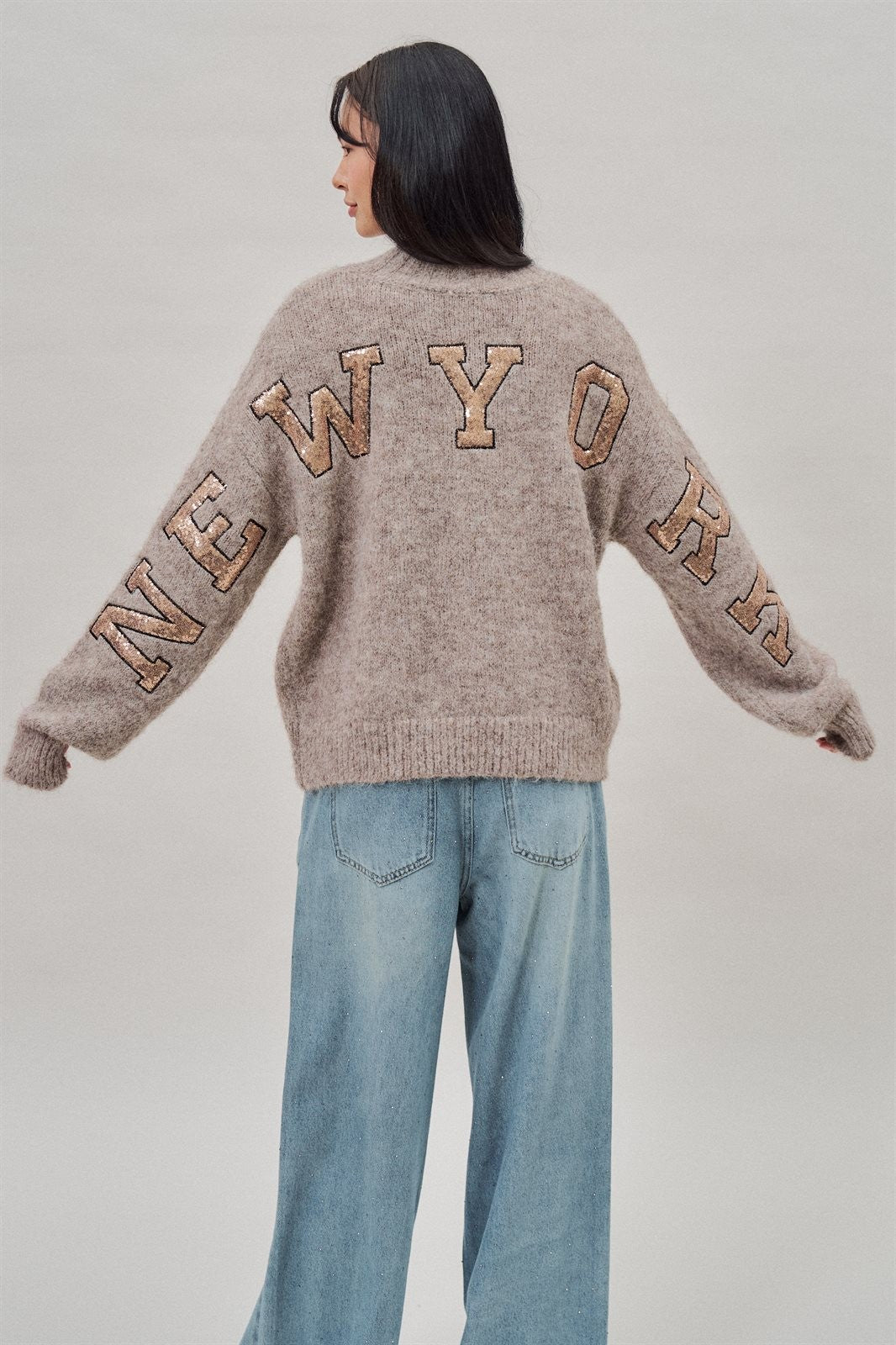 New York Sequin Letter Fuzzy Knit Sweater in Mocha - Women's Sweaters | Urban Daizy