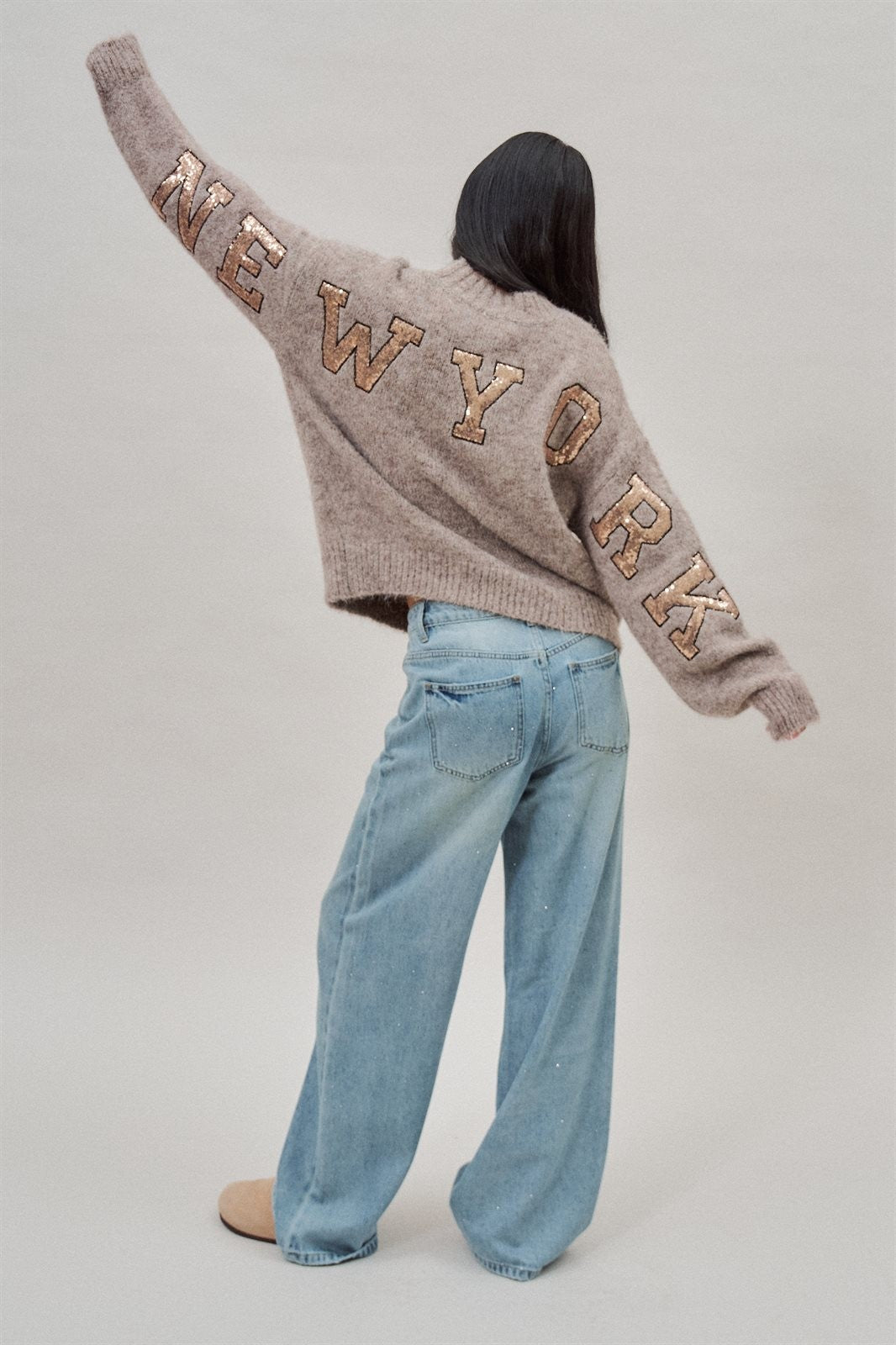 New York Sequin Letter Fuzzy Knit Sweater in Mocha - Women's Sweaters | Urban Daizy