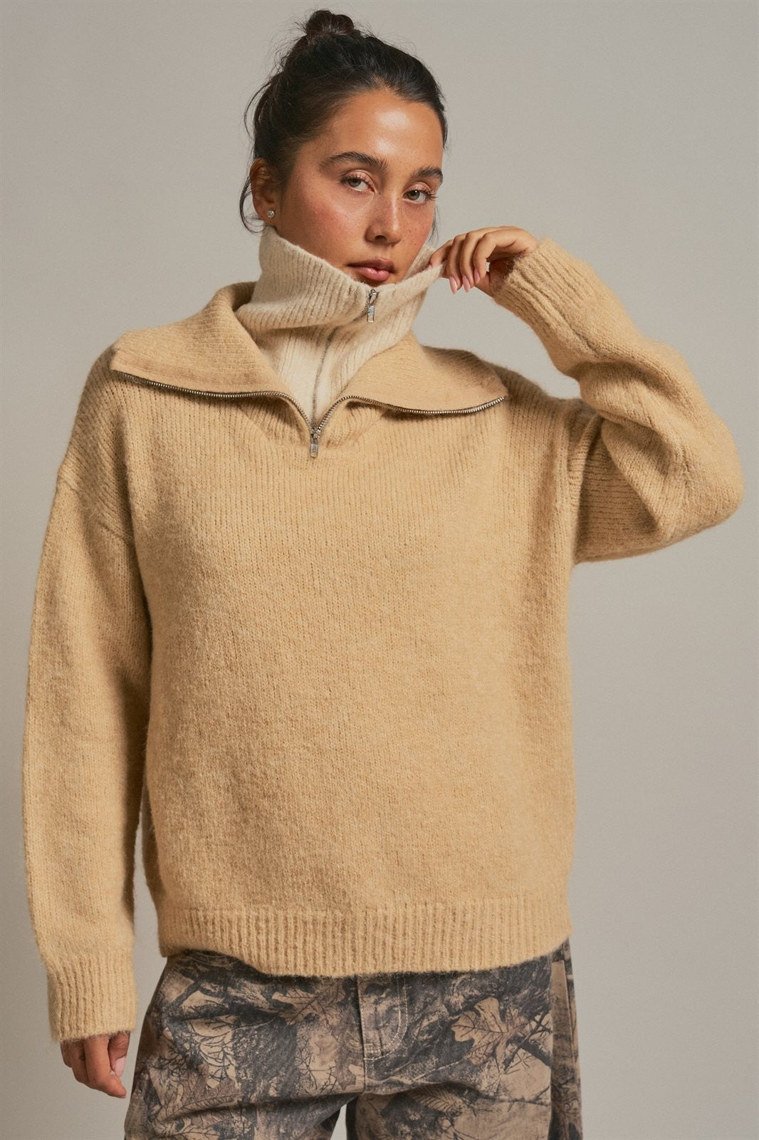 Wool Blend Half Zip Sweater With Double Collar in Camel - Women's Sweaters | Urban Daizy