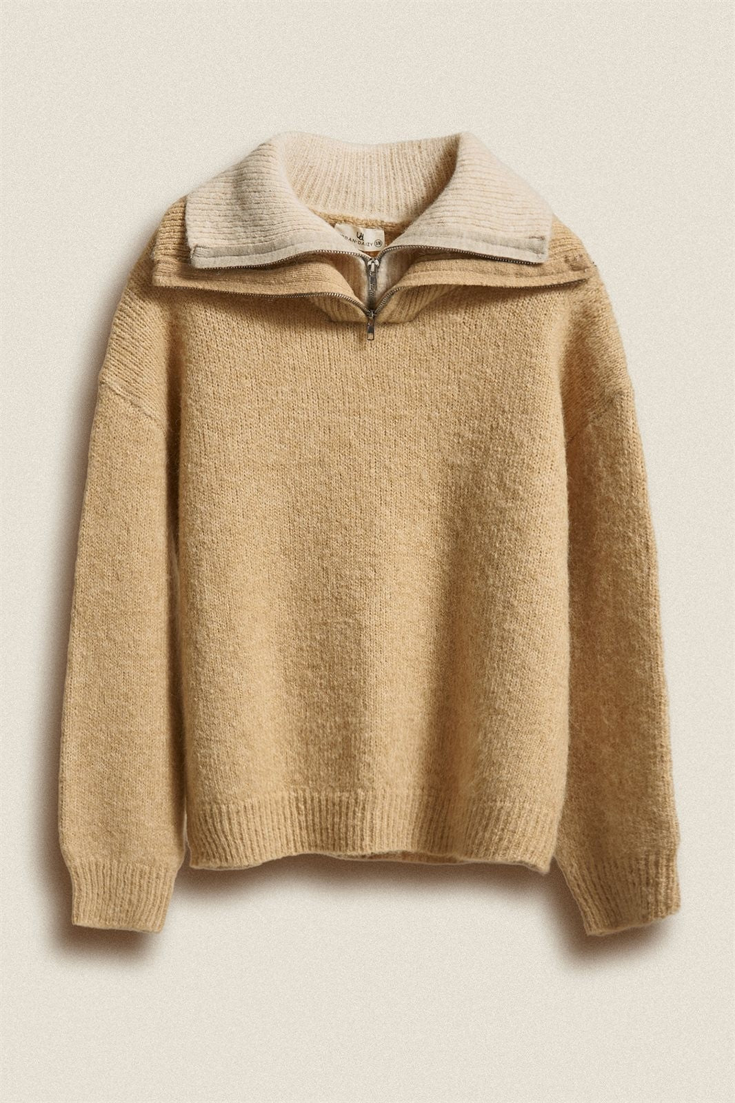 Wool Blend Half Zip Sweater With Double Collar in Camel - Women's Sweaters | Urban Daizy