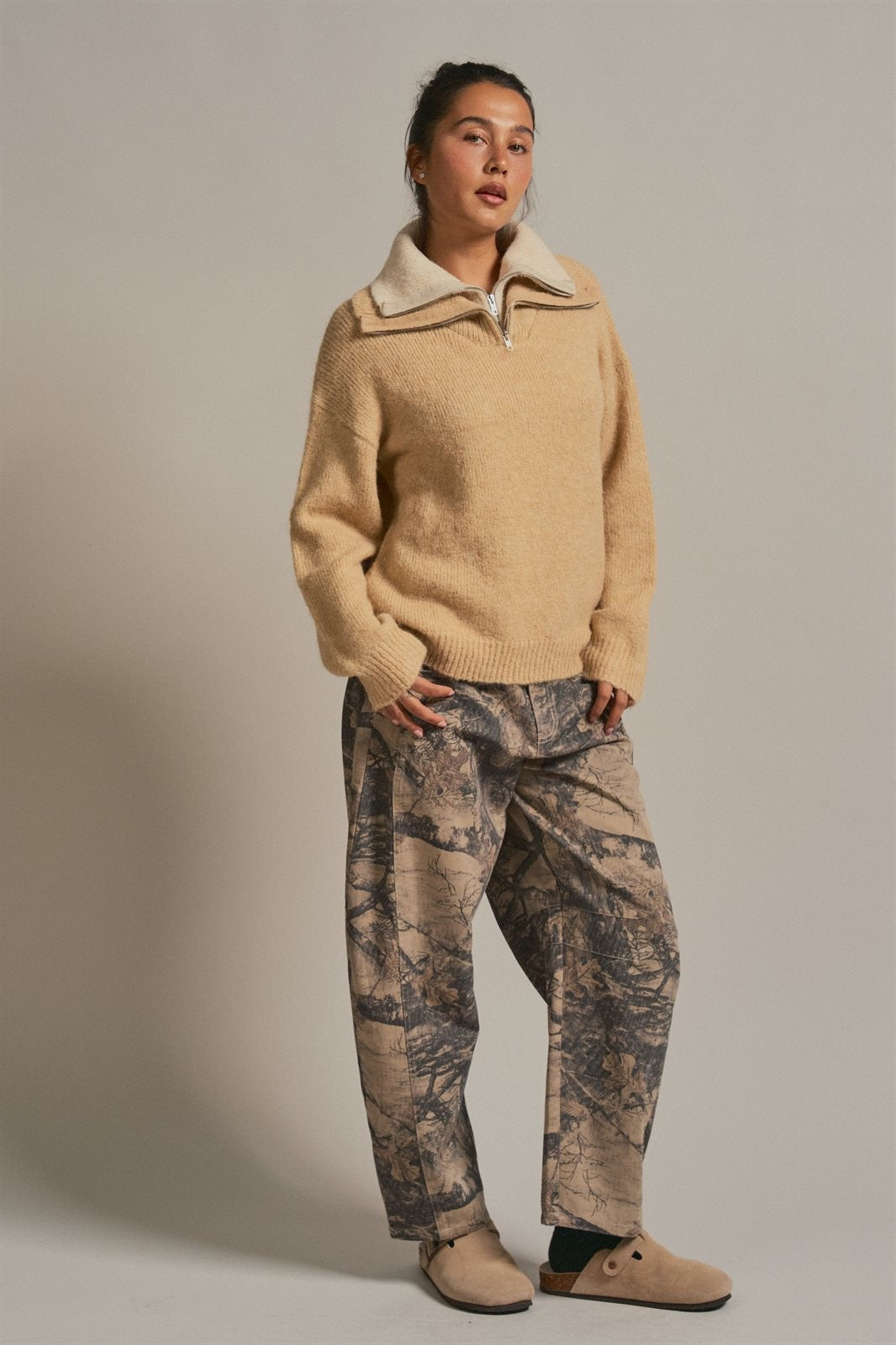 Wool Blend Half Zip Sweater With Double Collar in Camel - Women's Sweaters | Urban Daizy
