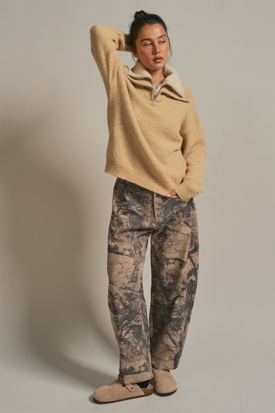 Wool Blend Half Zip Sweater With Double Collar in Camel - Women's Sweaters | Urban Daizy