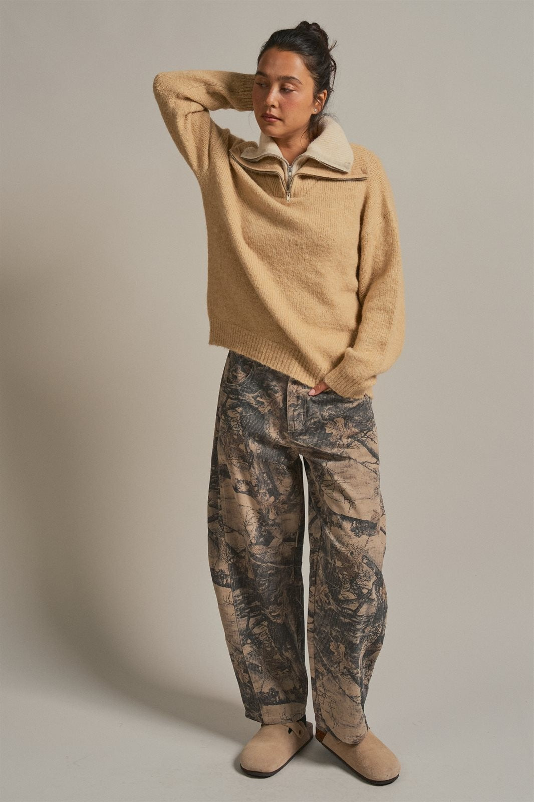 Wool Blend Half Zip Sweater With Double Collar in Camel - Women's Sweaters | Urban Daizy