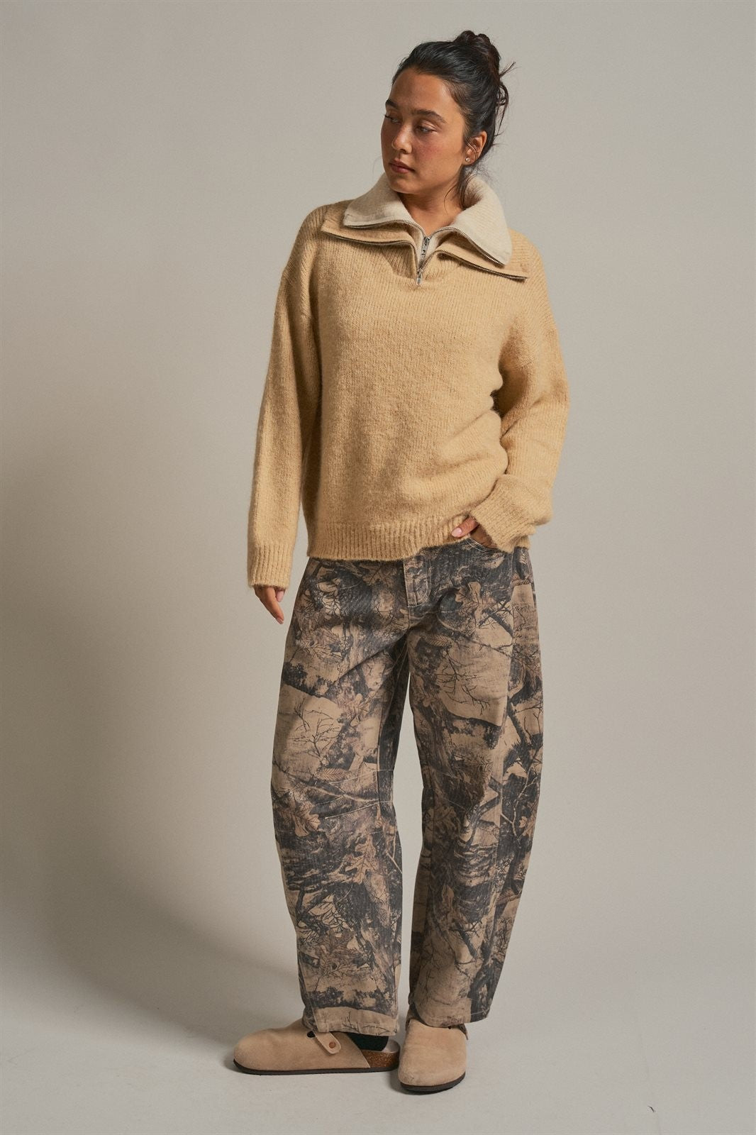 Wool Blend Half Zip Sweater With Double Collar in Camel - Women's Sweaters | Urban Daizy