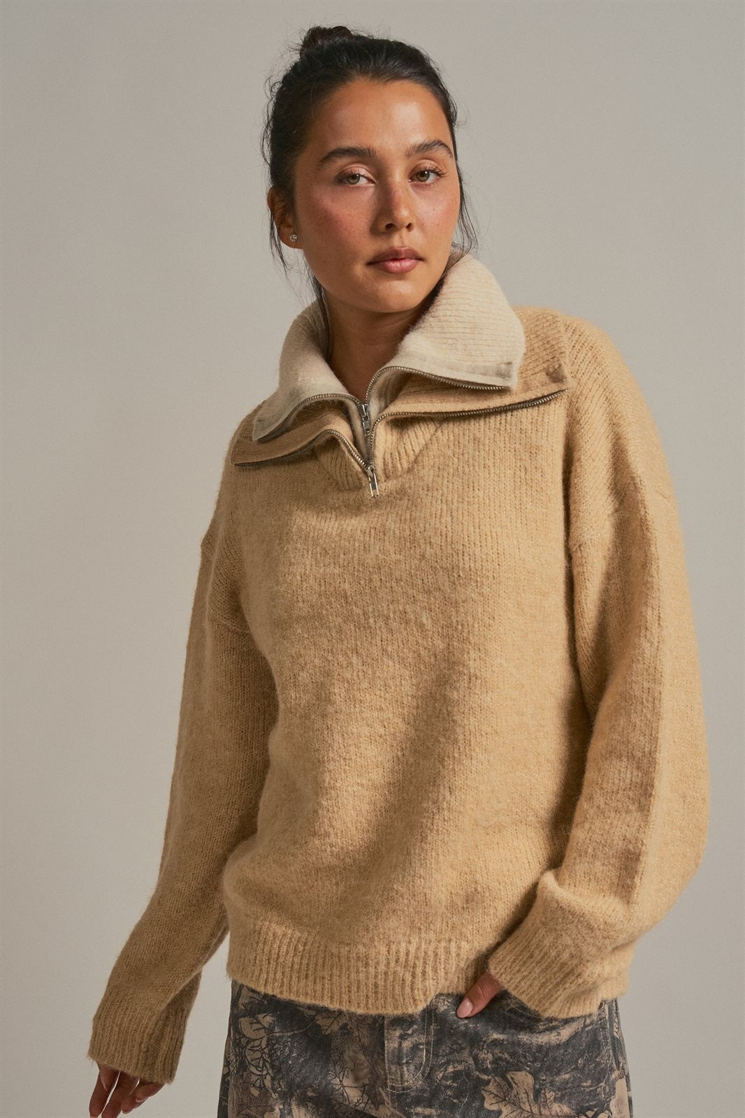 Wool Blend Half Zip Sweater With Double Collar in Camel - Women's Sweaters | Urban Daizy