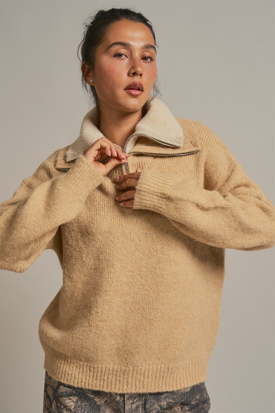 Wool Blend Half Zip Sweater With Double Collar in Camel - Women's Sweaters | Urban Daizy