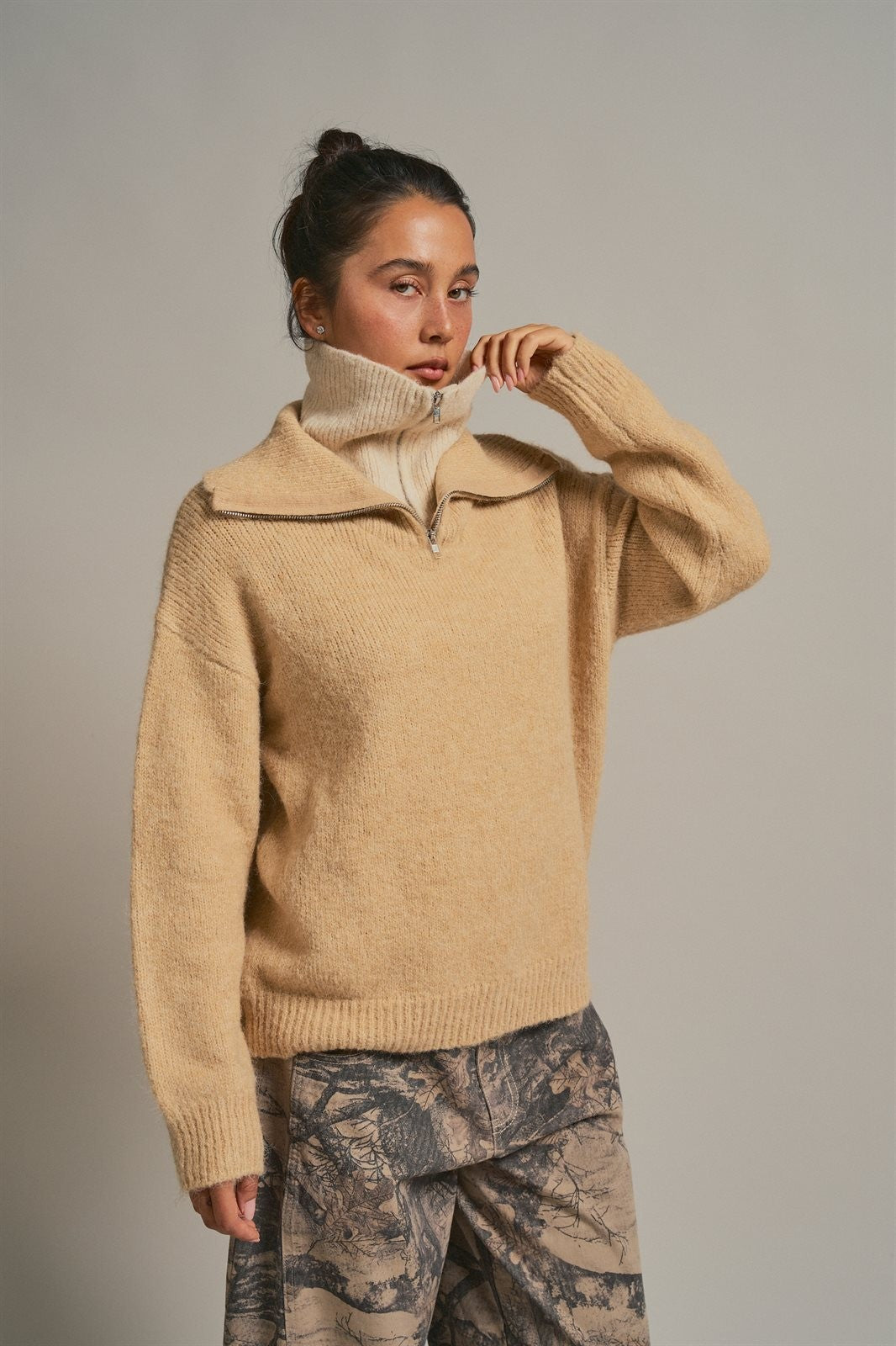 Wool Blend Half Zip Sweater With Double Collar in Camel - Women's Sweaters | Urban Daizy