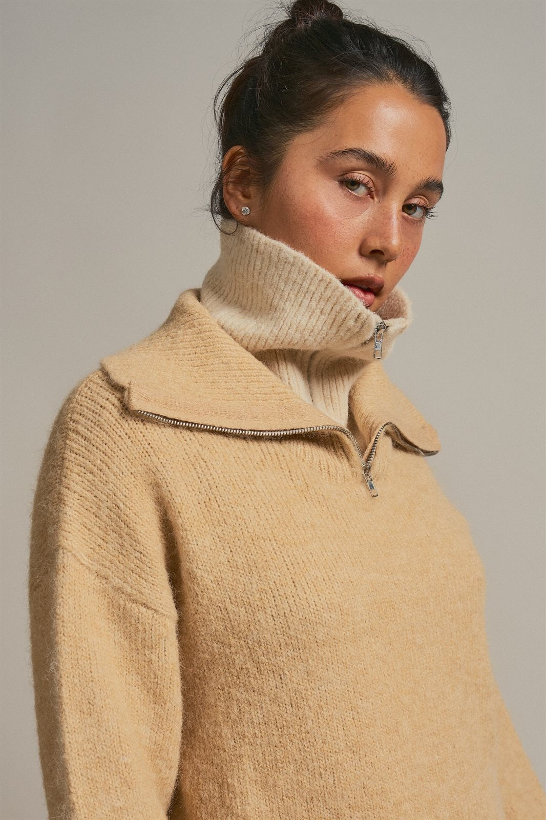 Wool Blend Half Zip Sweater With Double Collar in Camel - Women's Sweaters | Urban Daizy