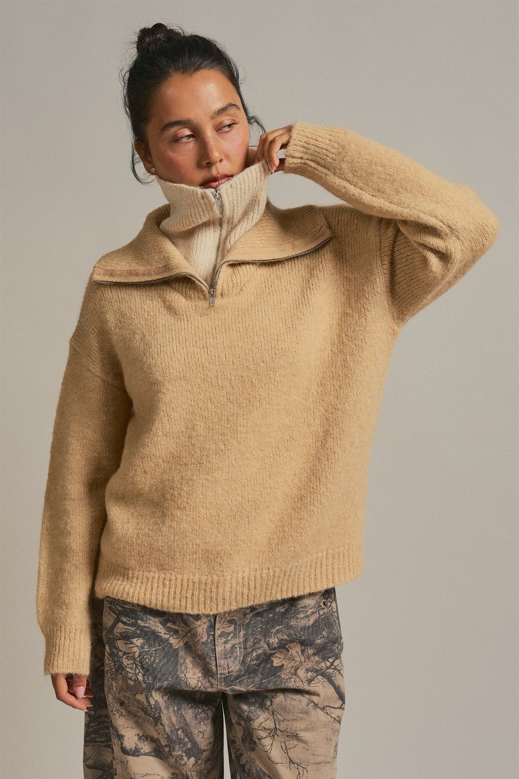 Wool Blend Half Zip Sweater With Double Collar in Camel - Women's Sweaters | Urban Daizy