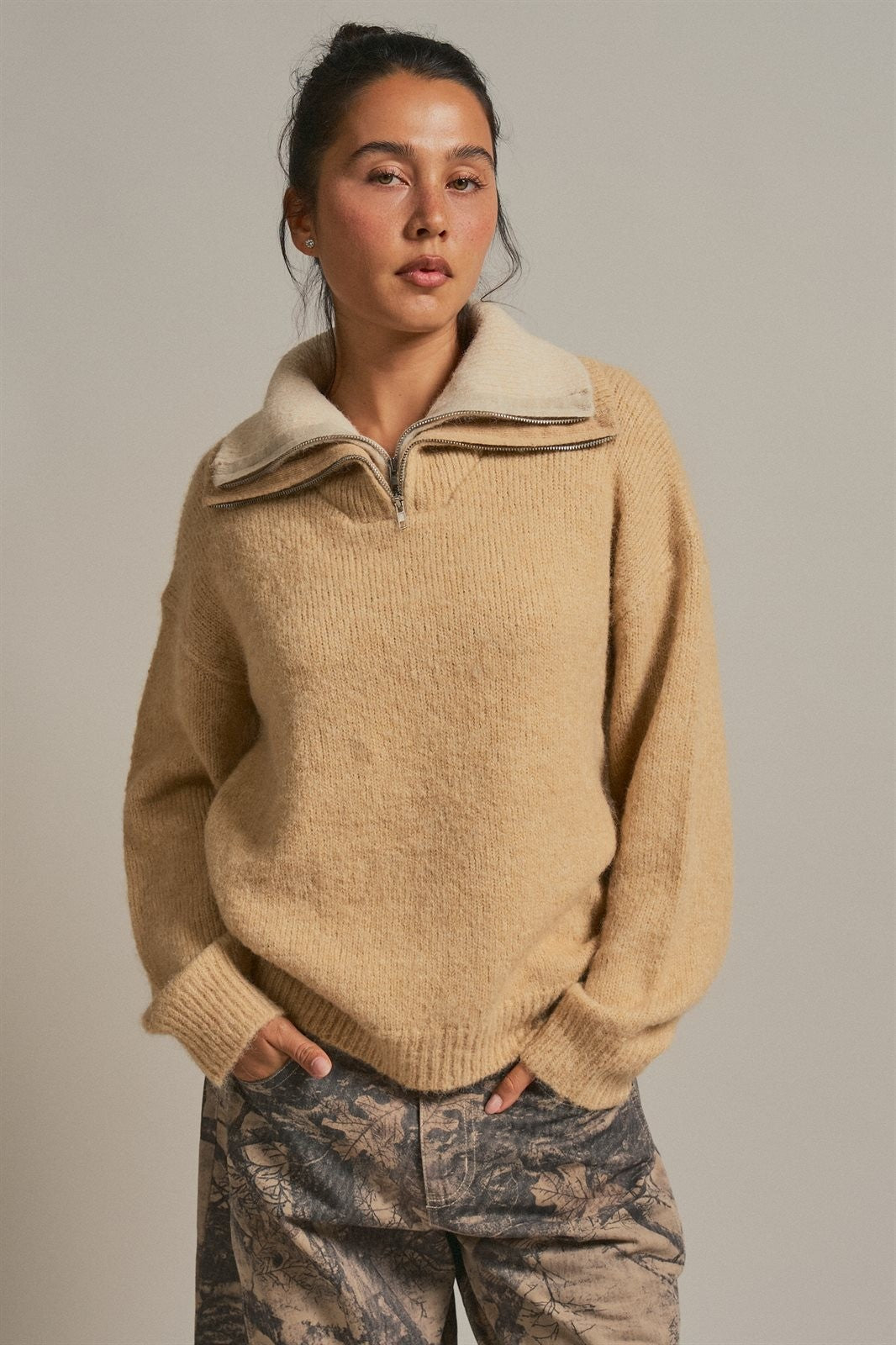 Wool Blend Half Zip Sweater With Double Collar in Camel - Women's Sweaters | Urban Daizy