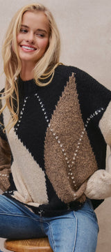 Argyle Diamond Colorblock Crewneck Knit Sweater in Taupe/black - Women's Sweaters | Urban Daizy