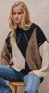 Argyle Diamond Colorblock Crewneck Knit Sweater in Taupe/black - Women's Sweaters | Urban Daizy
