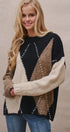 Argyle Diamond Colorblock Crewneck Knit Sweater in Taupe/black - Women's Sweaters | Urban Daizy