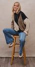 Argyle Diamond Colorblock Crewneck Knit Sweater in Taupe/black - Women's Sweaters | Urban Daizy