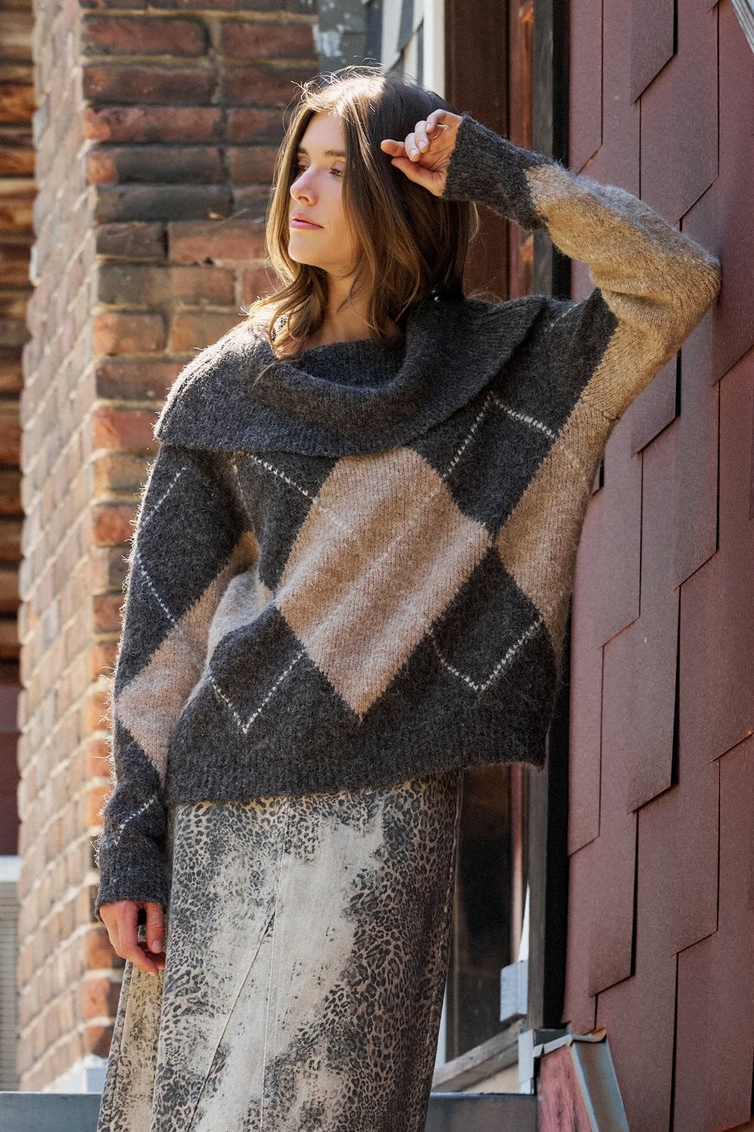 Argyle Knit Sweater with Convertible Cowl Neck in Brown - Women's Sweaters | Urban Daizy