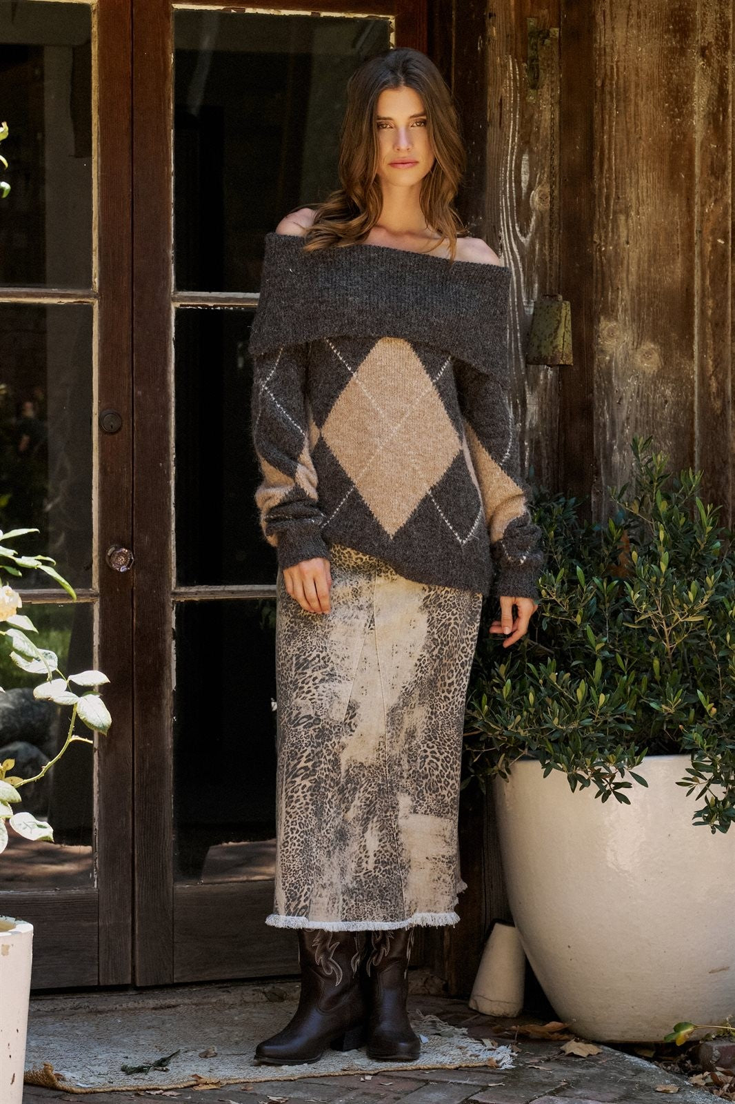 Argyle Knit Sweater with Convertible Cowl Neck in Brown - Women's Sweaters | Urban Daizy