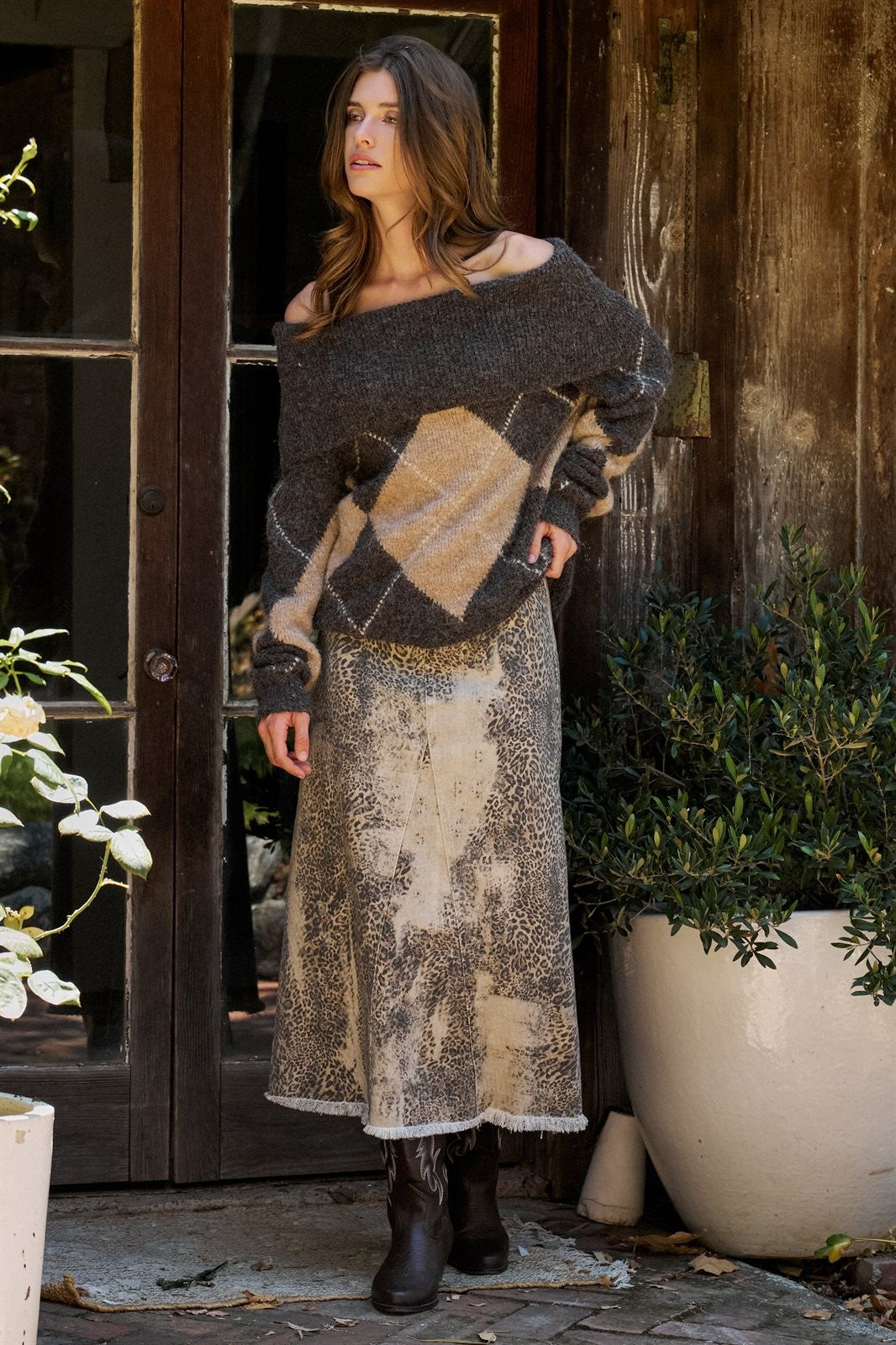 Argyle Knit Sweater with Convertible Cowl Neck in Brown - Women's Sweaters | Urban Daizy